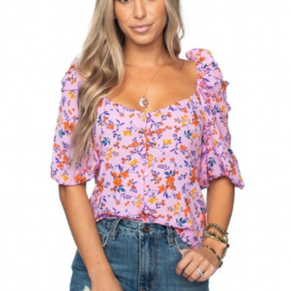BuddyLove Garden Party Top, Pink Smocked Puff Sleeve Blouse